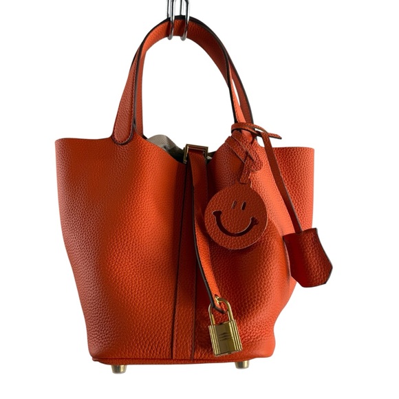 Orange Leather Mini Tote Handbag Bag with Smily Face Charm and Key and Lock - Picture 1 of 5